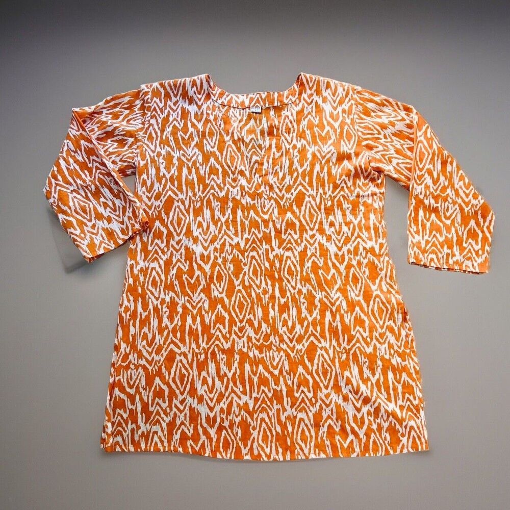Women’s Tropical Orange + White Patterned Tunic, Light Tissue Cotton Size: L - Picture 5 of 12